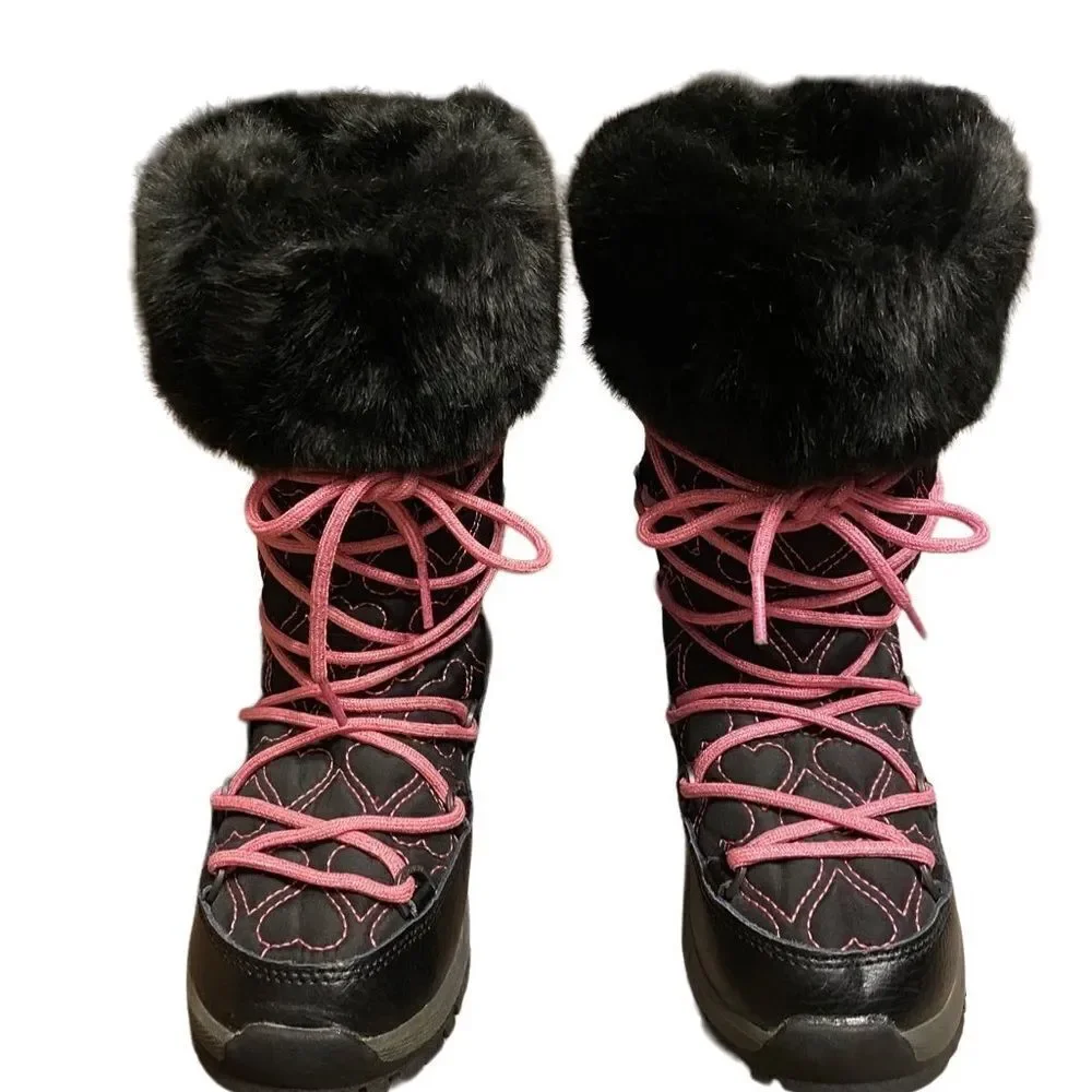 BEARPAW Meredith Girls Pink Black Heart Waterproof Snow Boots Youth 5 faux fur